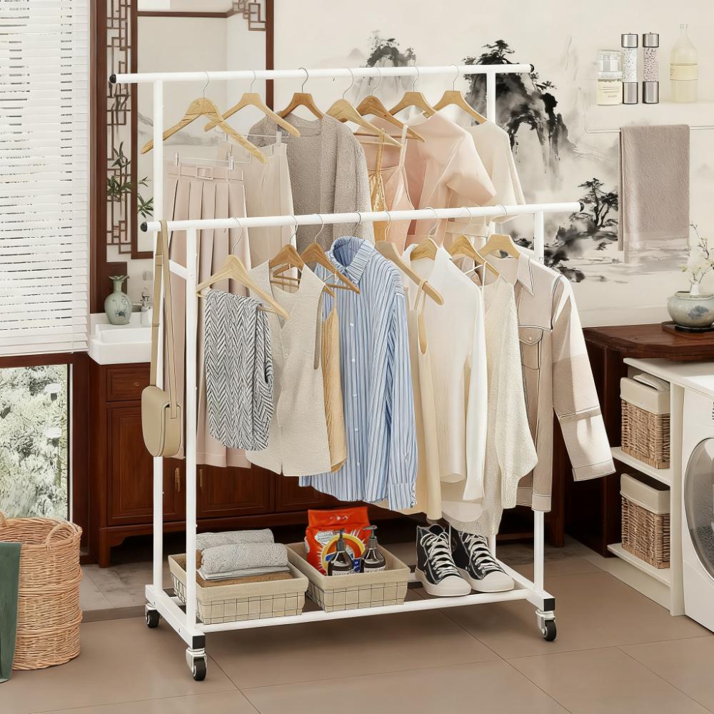 Double-Tier Mobile Clothing Rack with Bottom Storage