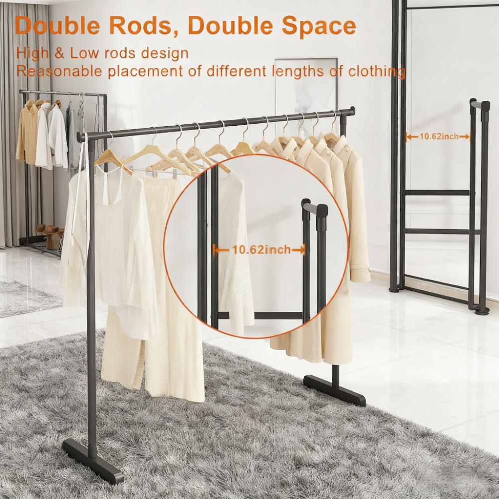 Double-Tier Heavy-Duty Rolling Clothes Rack with Bottom Storage