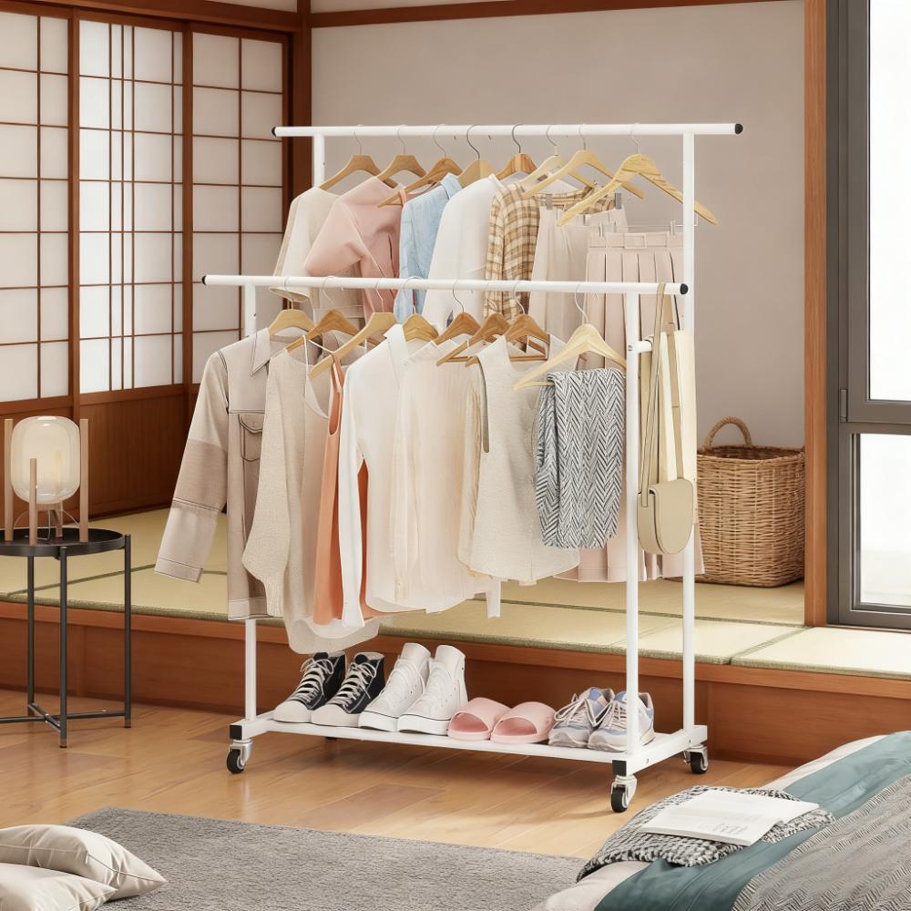 Double-Tier Mobile Clothing Rack with Bottom Storage
