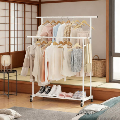 Double-Tier Mobile Clothing Rack with Bottom Storage