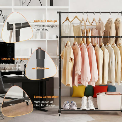 Double-Tier Heavy-Duty Rolling Clothes Rack with Bottom Storage