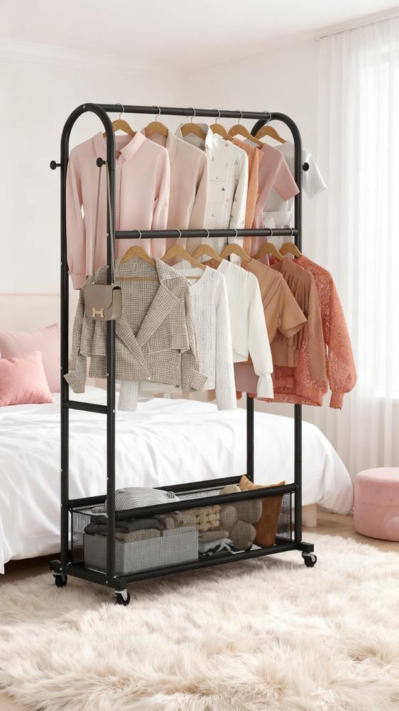 Double-Tier Rolling Clothes Rack with Storage Mesh Bag