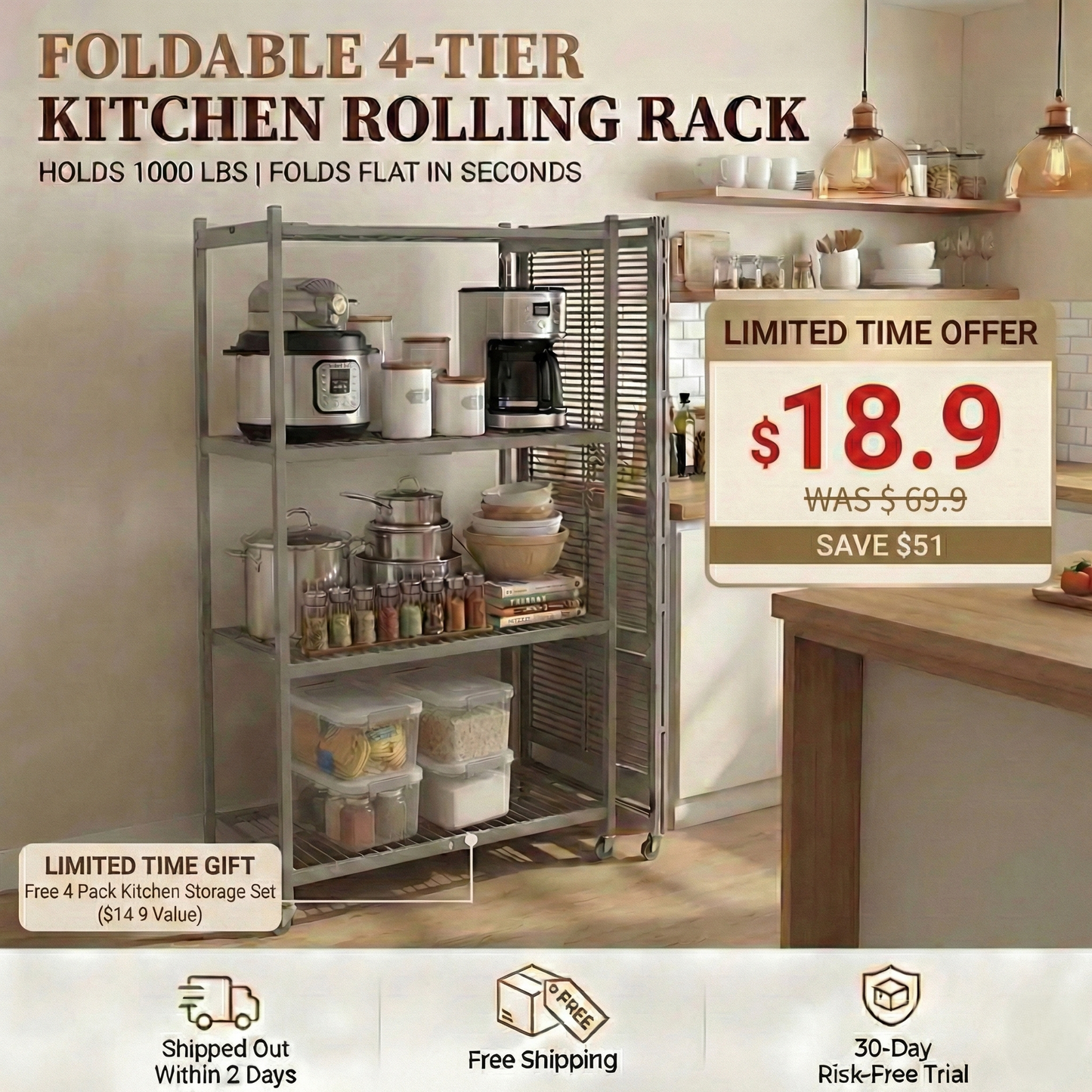 LineaHome 4-Tier Foldable Rolling Storage Rack - 1000 LBS Capacity Heavy Duty Steel Shelving Unit