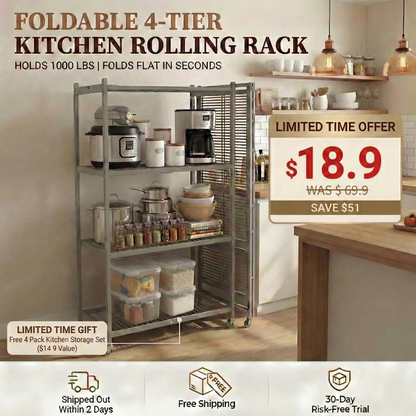 LineaHome 4-Tier Foldable Rolling Storage Rack - 1000 LBS Capacity Heavy Duty Steel Shelving Unit