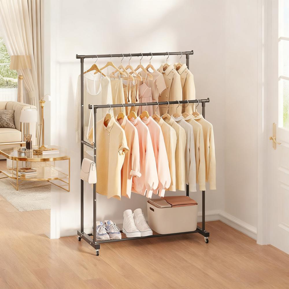 Double-Tier Heavy-Duty Rolling Clothes Rack with Bottom Storage
