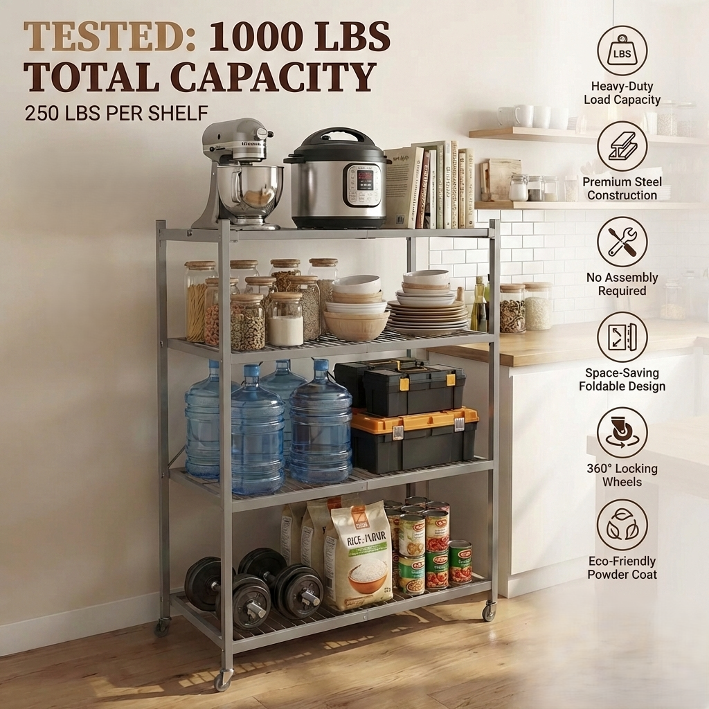 LineaHome 4-Tier Foldable Rolling Storage Rack - 1000 LBS Capacity Heavy Duty Steel Shelving Unit