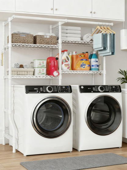 Adjustable Washer & Dryer Storage Rack with Hanging Rod
