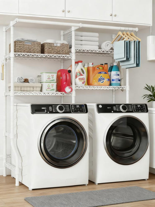 Adjustable Washer & Dryer Storage Rack with Hanging Rod