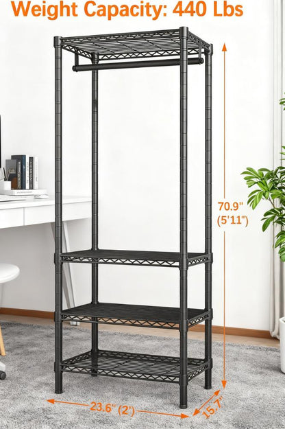 4-Tier Heavy-Duty Storage Rack with Hanging Rod