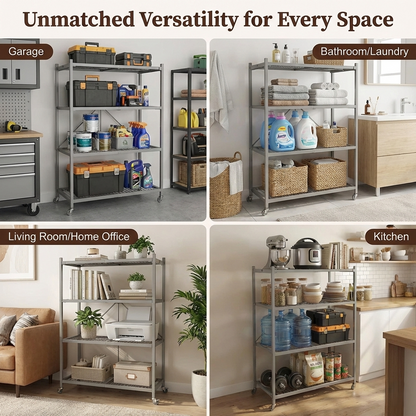 LineaHome 4-Tier Foldable Rolling Storage Rack - 1000 LBS Capacity Heavy Duty Steel Shelving Unit