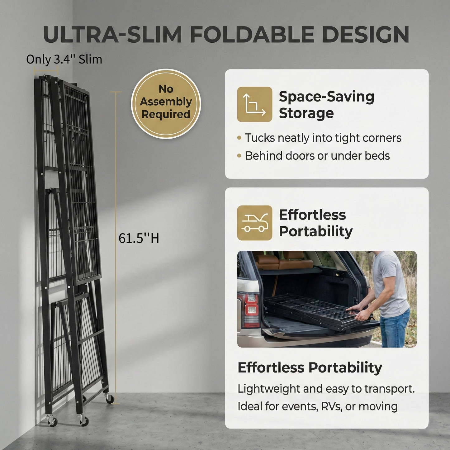 LineaHome 4-Tier Foldable Rolling Storage Rack - 1000 LBS Capacity Heavy Duty Steel Shelving Unit