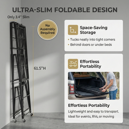 LineaHome 4-Tier Foldable Rolling Storage Rack - 1000 LBS Capacity Heavy Duty Steel Shelving Unit