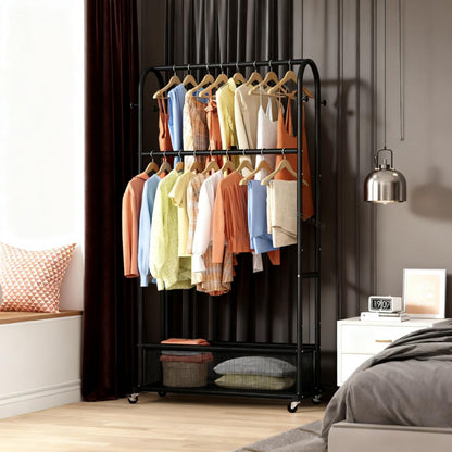 Double-Tier Rolling Clothes Rack with Storage Mesh Bag