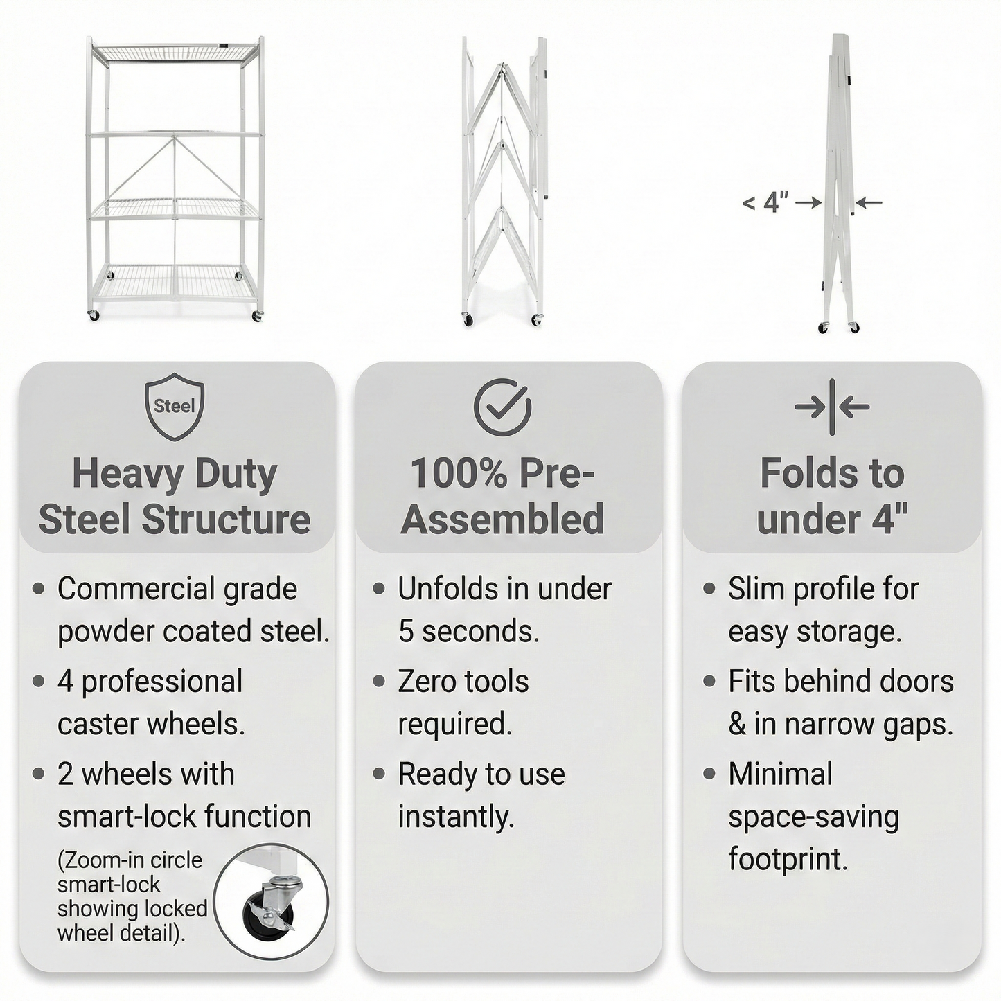 LineaHome 4-Tier Foldable Rolling Storage Rack - 1000 LBS Capacity Heavy Duty Steel Shelving Unit