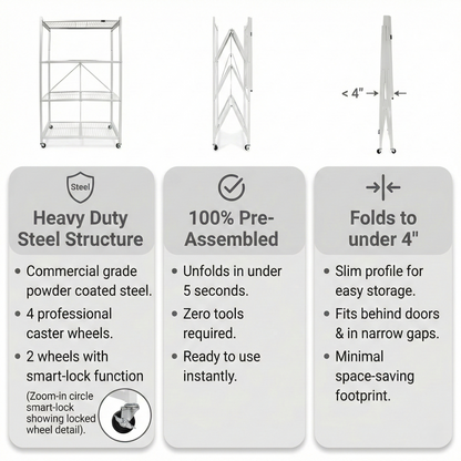 LineaHome 4-Tier Foldable Rolling Storage Rack - 1000 LBS Capacity Heavy Duty Steel Shelving Unit