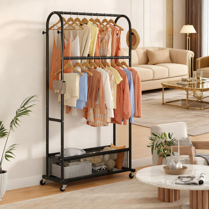Double-Tier Rolling Clothes Rack with Storage Mesh Bag