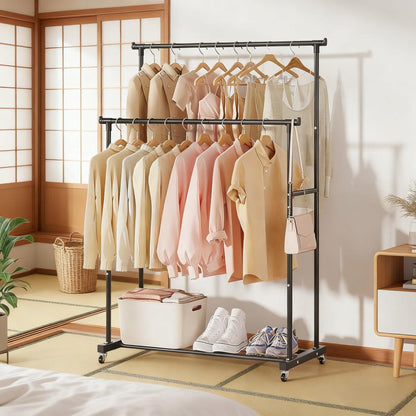 Double-Tier Heavy-Duty Rolling Clothes Rack with Bottom Storage