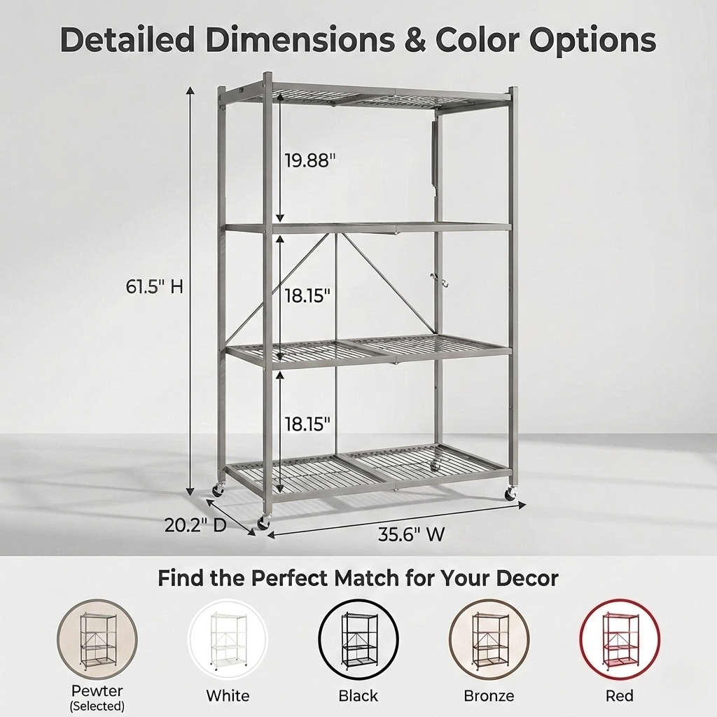 LineaHome 4-Tier Foldable Rolling Storage Rack - 1000 LBS Capacity Heavy Duty Steel Shelving Unit