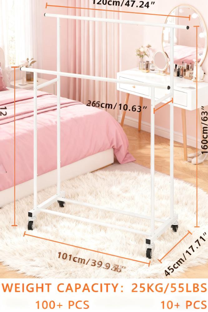 Double-Tier Mobile Clothing Rack with Bottom Storage