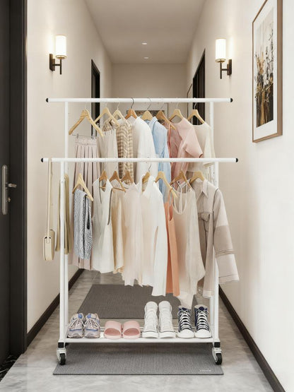 Double-Tier Mobile Clothing Rack with Bottom Storage