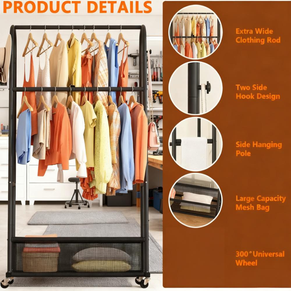 Double-Tier Rolling Clothes Rack with Storage Mesh Bag