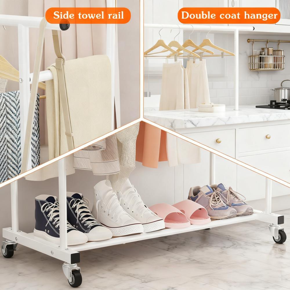 Double-Tier Mobile Clothing Rack with Bottom Storage