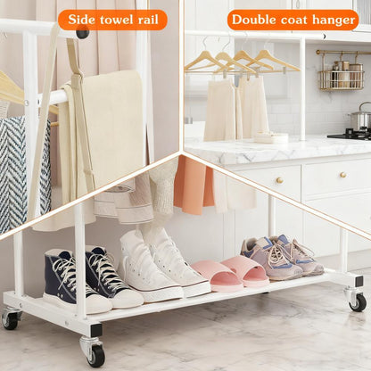 Double-Tier Mobile Clothing Rack with Bottom Storage
