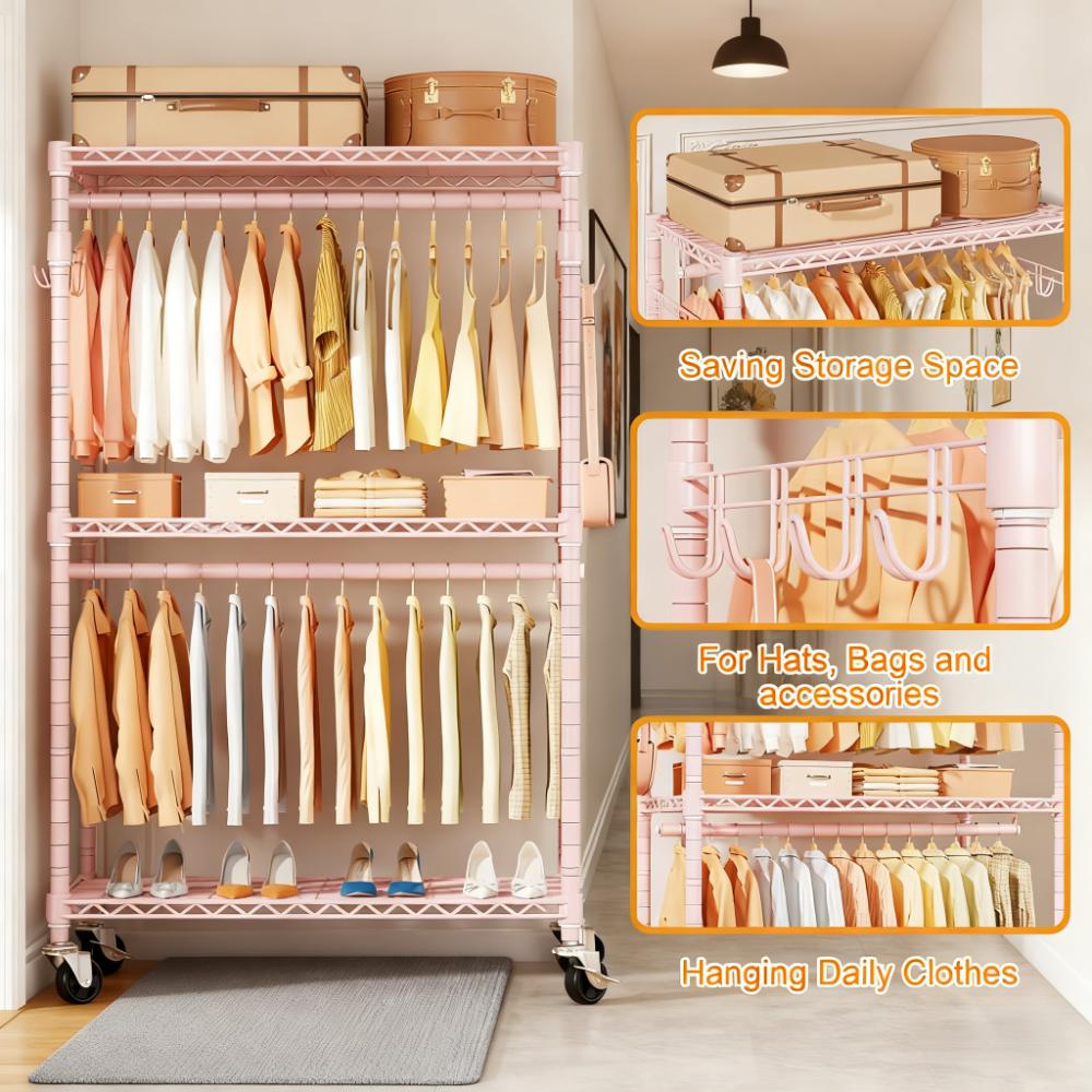 Multi-Tier Mobile Clothing Storage Rack with Adjustable Shelves
