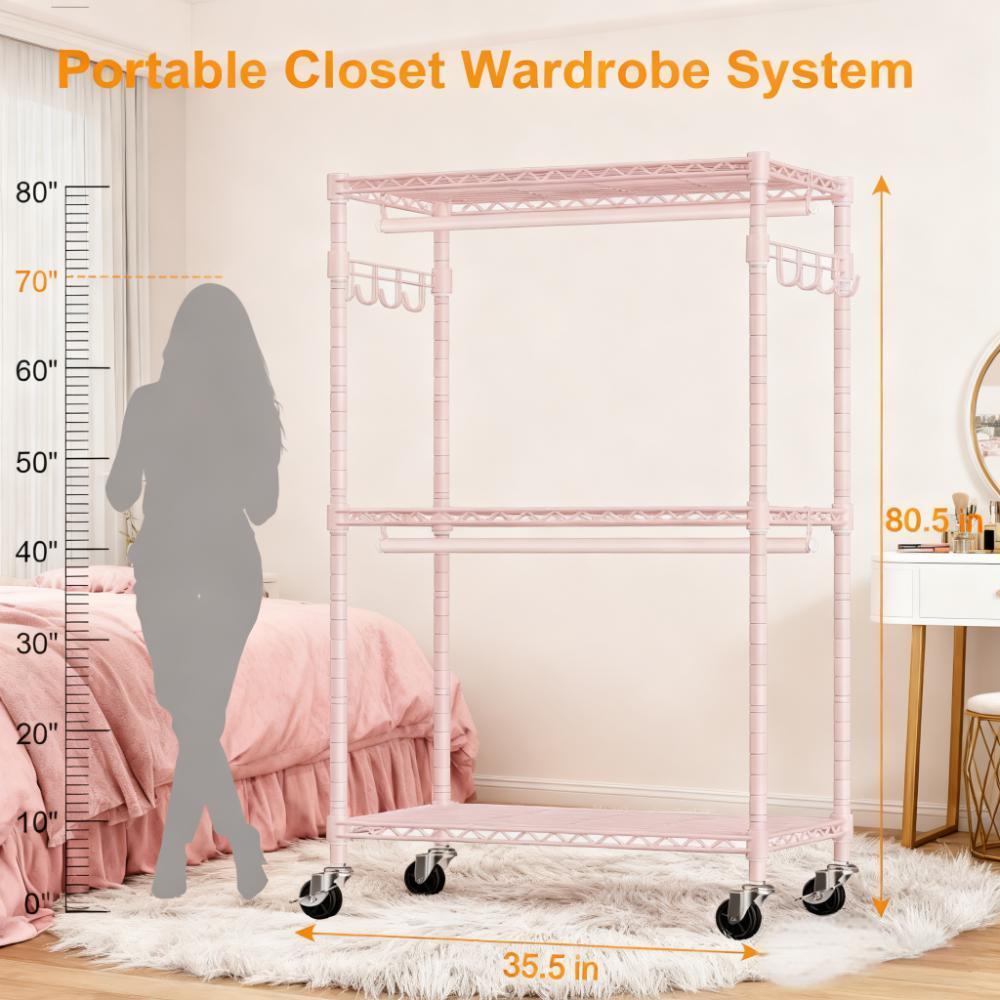 Multi-Tier Mobile Clothing Storage Rack with Adjustable Shelves