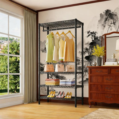 4-Tier Heavy-Duty Storage Rack with Hanging Rod