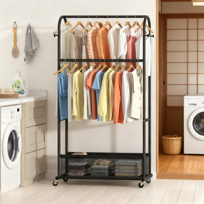 Double-Tier Rolling Clothes Rack with Storage Mesh Bag