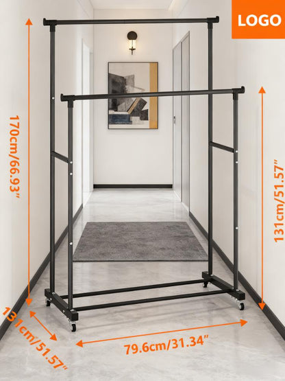 Double-Tier Heavy-Duty Rolling Clothes Rack with Bottom Storage