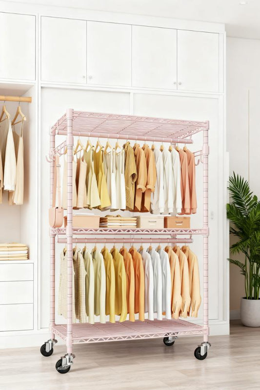 Multi-Tier Mobile Clothing Storage Rack with Adjustable Shelves
