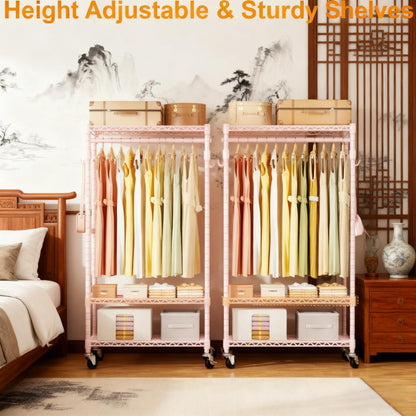 Multi-Tier Mobile Clothing Storage Rack with Adjustable Shelves