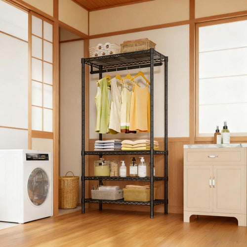 4-Tier Heavy-Duty Storage Rack with Hanging Rod