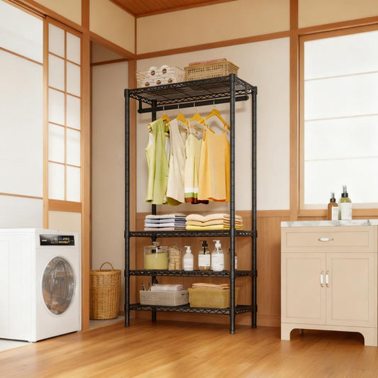 4-Tier Heavy-Duty Storage Rack with Hanging Rod