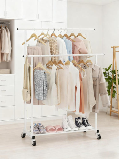 Double-Tier Mobile Clothing Rack with Bottom Storage