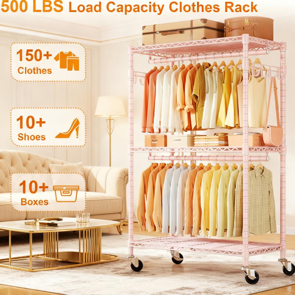 Multi-Tier Mobile Clothing Storage Rack with Adjustable Shelves